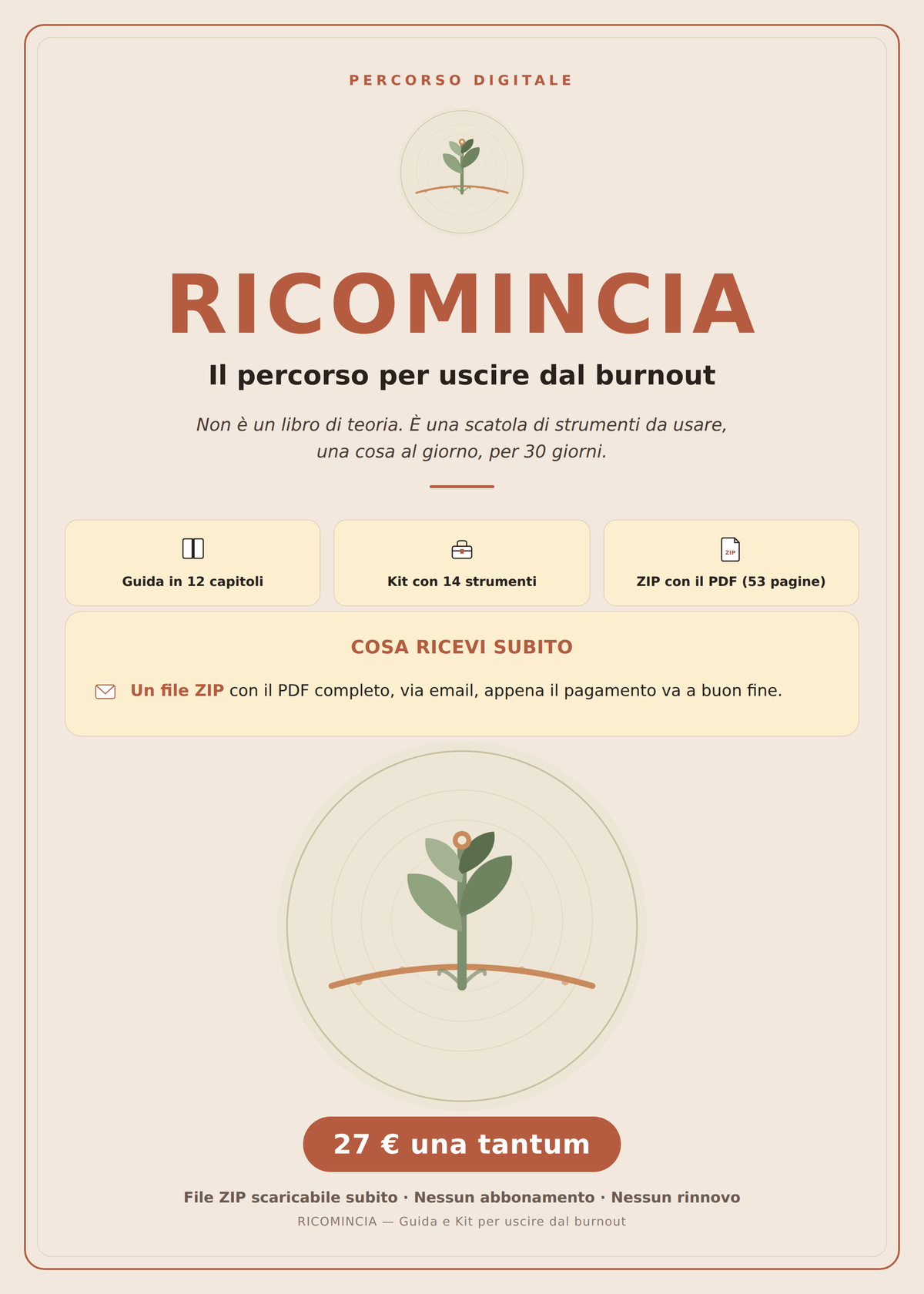 Copertina di Ricomincia, guida digitale e kit di 30 giorni per affrontare il burnout