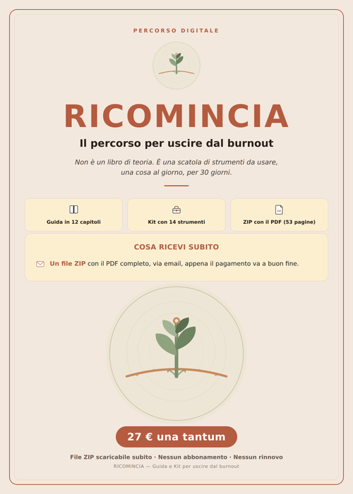 Copertina di Ricomincia, guida digitale e kit di 30 giorni per affrontare il burnout